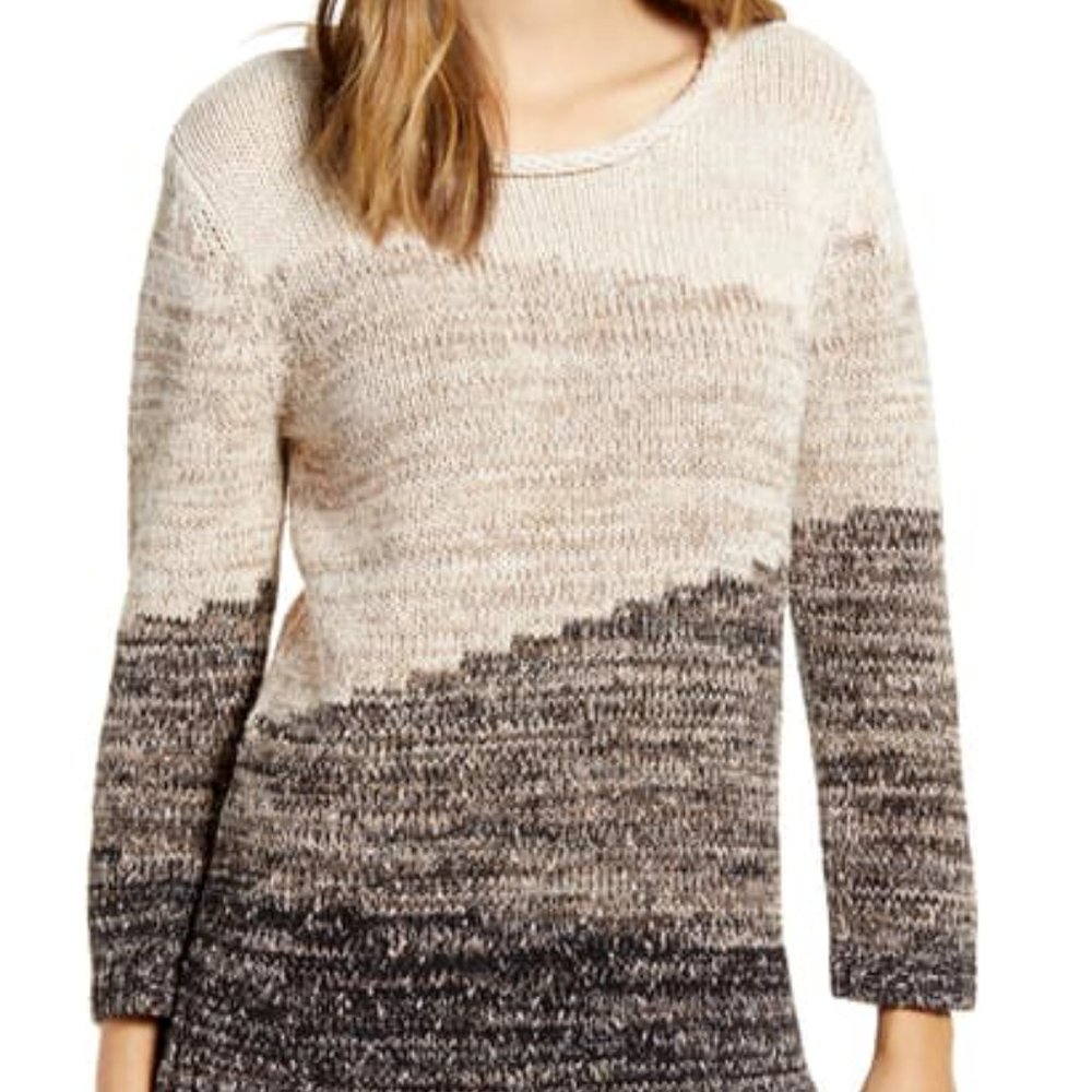 Karl Lagerfeld Rolled Neck Ombre Knit Pullover Sweater 3/4 Sleeves Large NWT